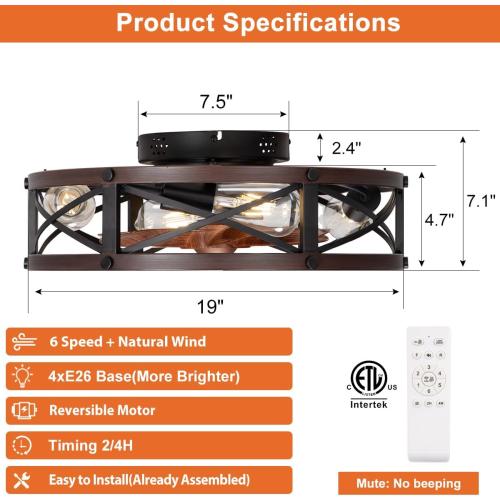 SHLUCE 19 Caged Low Profile Ceiling Fan with Light, Farmhouse Small Flush Mount Ceiling Fans with Lights and Remote, Rustic Bladeless Ceiling Fan with Light for Bedroom, Kitchen, Brown - ETL