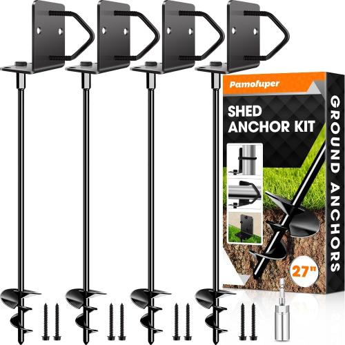 Ground Anchors Shed Anchors 27 Set of 4 Trampoline Stakes Screw in Heavy Duty Mobile Home - Storage Shed Anchor Kit - Playset Swing Anchors - Stakes for Fence,Carport,Garden (Black, 4 x 27in)