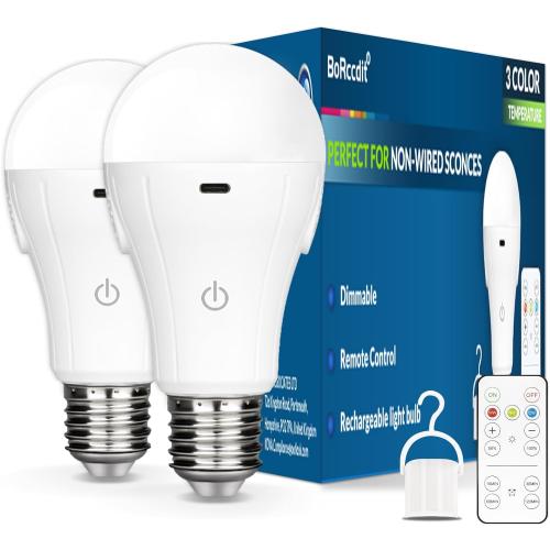 CordlessGlow Battery Operated Light Bulb with Remote，3 Colors   Dimmable   Touch Control Rechargeable Light Bulbs for no-Hardwired Fixture, up to 24 Hours,2Pack