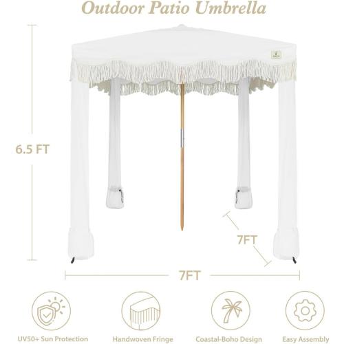 AMMSUN Beach Cabana with Fringe, 7' x 7' Boho Beach Canopy with Tassels, Easy Set up & Premium Wood Pole, Cabana Tent with Sand Pockets, Instant Sun Shade for Sand, Garden, Patio, Elegant White