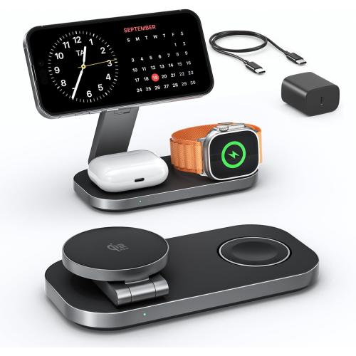 3-in-1 Charging Station for Apple Device, Qi2 25W Magnetic Wireless Foldable Fast Charger Stand Compatible with MagSafe for iPhone Air/17/16/15/14/13/12 Series, Apple Watch & AirPods