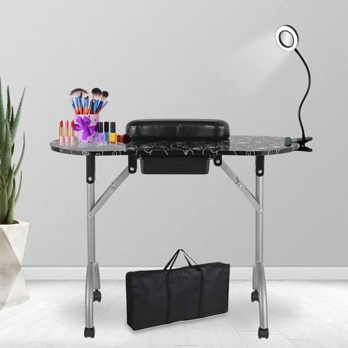 Color Black LEIBOU Professional 36''L Portable & Foldable Manicure Table Nail Technician Desk Workstation Manicure Table with Magnifier USB LED Table Lamp,Rolling Wheels,Drawer,Sponge,Free Carrying Bag (Black)