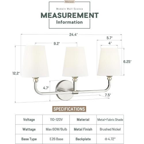 Bathroom Light Fixtures, Brushed Nickel Vanity Lights with Flared White Fabric Shade, 3 Light Wall Sconce, Modern Sconces Wall Lighting for Hallway Bedroom, VL837-BN-3
