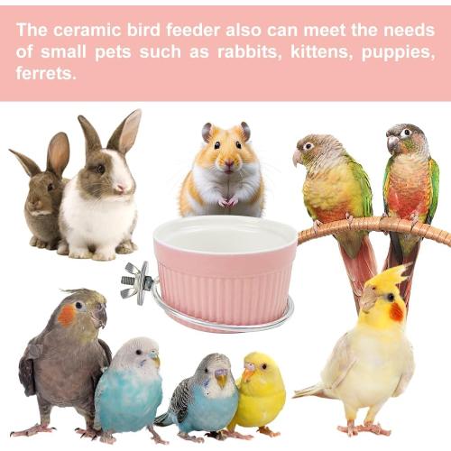 Bird Cage Feeder Parrot Food Cage Bowl Clamp Holder Coop Cup, Ceramic Bird Cage Water Bowl, Pet Feeder Cage for Parakeet African Greys Conure Cockatiels Lovebird Budgie Chinchilla-Pink