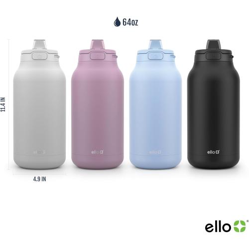 Ello Hydra 64oz Stainless Steel Water Jug with Locking Leak Proof Lid | Reusable Half Gallon Vacuum Insulated Metal Bottle with Silicone Straw, Keeps Drinks Cold All Day, Gift Ready, Black