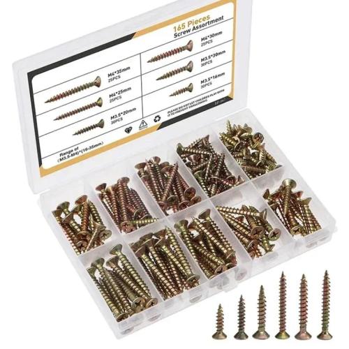 165-Piece Self Tapping Screw Assortment Set, 1.6 CM - 1 3/8 in, Countersunk Head, Wood Screws, Zinc Plate Carbon Steel, Phillips Head, DIY, Durable Organizer Box