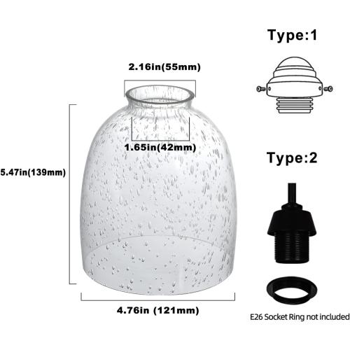 4 Pack Clear Seeded Glass Replacement Shades Covers for Ceiling Fan Light Fixtures Pendant Lighting Chandelier Vanity Light Kitchen Island Light, 2-1/8 Fitter, 5.47 High, 4.76 Diameter