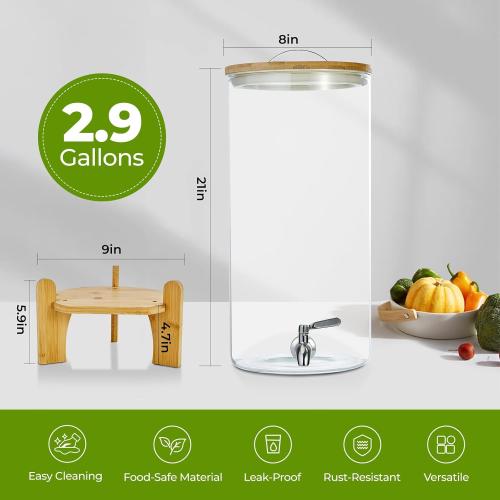 Size 2.9 Beverage Dispenser 2.9 Gallon with Spigot Glass Water Dispenser for Parties, Bars, Restaurants (11L）with Wood Stand Drink Dispensers