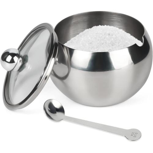 asika Sugar Bowl, Stainless Steel Sugar Pot with Clear Lid and Spoon, Drum Shape Small Condiment Container for Home and Kitchen, 8.1 Ounces(240 Milliliter)
