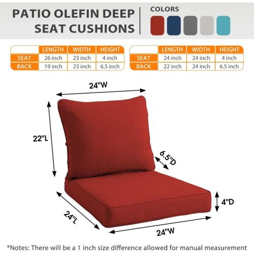 Sundale Outdoor Olefin Deep Seat Cushion Set of 2, Patio Chair Cushion and Pillow, Water-Resistant Sectional Sofa Pad with Straps Red, 24 x 24 x 4 Inches
