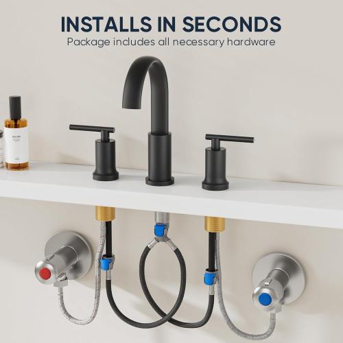 3 Matte Black Waterfall Bathroom Faucet 3 Hole, Widespread Two Handle Bathroom Sink Faucet Vanity Faucet, 8 Inch Bathroom Faucets for Sink with cUPC Supply Lines and Pop-Up Drain