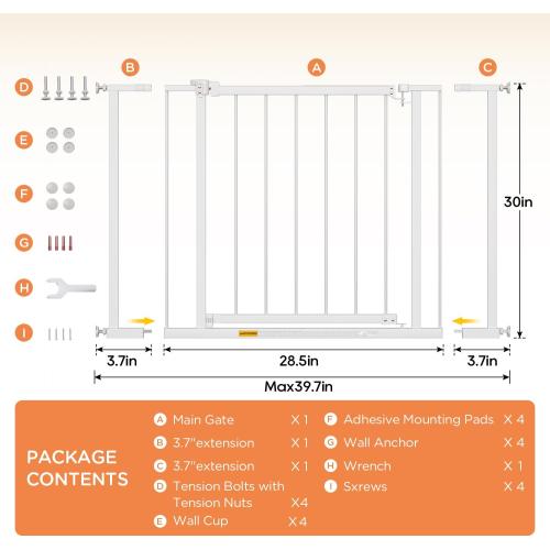 BestPet 30”Tall Dog Gate for Stairs & Doorways, Fits 28.5”-39.7” Wide Openings,Walk-Through Metal Pet Gate for Indoor Use,Adjustable Safety Gates for Pets,White