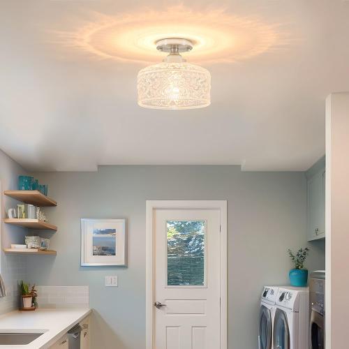 Brushed Nickel Semi Flush Mount Ceiling Light, Antique Ceiling Light with Glass, Indoor Close to Ceiling Light Fixture, Entryway Light Fixtures, Overhead Lighting Fixture for Hallway Kitchen Bedroom