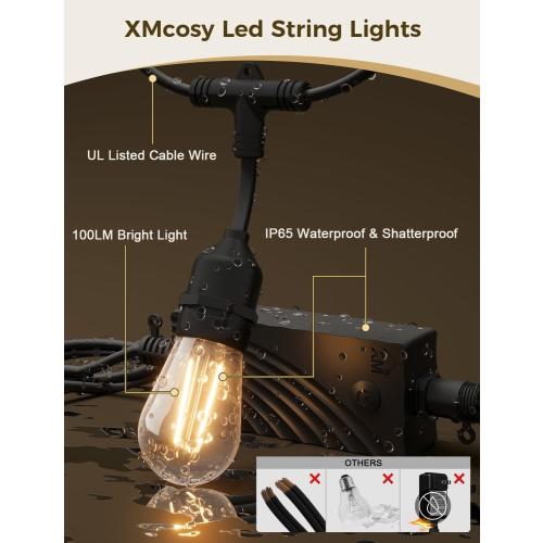 XMCOSY  Smart Outdoor String Lights, 123Ft LED Patio Lights Waterproof IP65, App Control, Compatible with Alexa, Dimmable Edison Bulbs Outdoor Light for Yard Porch Bistro Outside