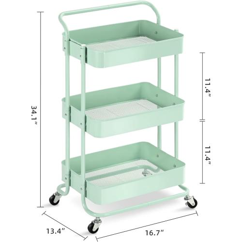 TOOLF 3 Tier Metal Rolling Cart, Utility Cart with Handle, Multifunction Storage Cart with Lockable Wheels, Serving Organizer Trolley with Mesh Basket for Kitchen, Bathroom, Office