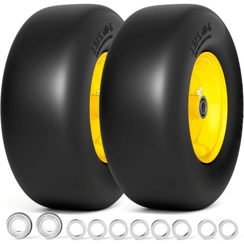 Size 13x5.00-6 Flat Free Lawn Mower Tire and Wheel, 13x5x6 Solid Front Tires for Zero Turn Mower, 500Lbs Load, 3/4 & 5/8 Bearing, 4.2-6.2 Hub for Residential Commercial Lawn, 2Pcs Yellow
