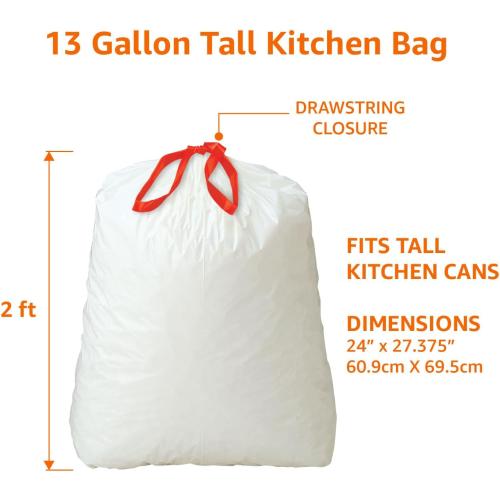 Amazon Basics Trash Bags, Tall Kitchen Drawstring, Unscented, 13 Gallon, 200 Count, Pack of 1