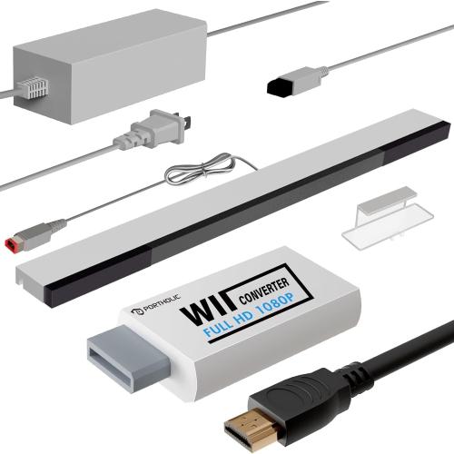 PORTHOLIC 4 in 1 Wii Replacement Cables Set, Wii AC Power Adapter   Wii to hdmi Converter  Wired Motion Sensor Bar and Composite Audio Video Cable for Nintendo Wii