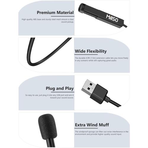 MillSO USB PC Microphone Plug & Play Omnidirectional External Lavalier Mini USB Microphone for Computer, Laptop, YouTube, Meeting, Recording, Podcasting, Gaming - 1.5m/4.9ft