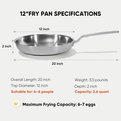 12 5-Ply Stainless Steel Frying Pan | dual aluminum core, uncoated surface, oven & broiler safe 800°F, induction ready, dishwasher safe, searing & family meals