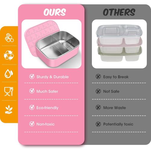 Pink 2pc Set Small Stainless Steel Bento Lunch Box - Reusable Divided Metal Snack Bento Box 3-Compartment Food Meal Prep Storage Lunch Containers Leakproof with Dip Container,Dishwasher,Freezer Safe, BPA-Free