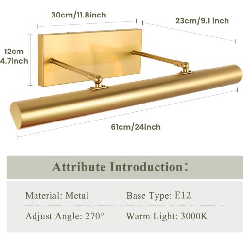 BELS Picture Lights for Wall Hardwired, 24 Inch Gold Wall Lights for Pictures,3-Light 2700k,Non-Dimmable, 270° Adjustable Swing Arm, Hardwired Wall Light for Artwork Poster Portrait Library Display