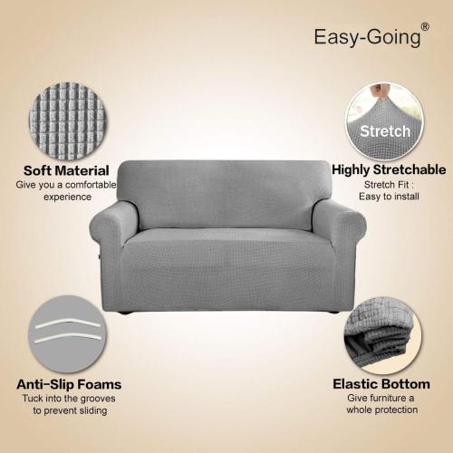 Easy-Going Stretch Oversized Sofa Slipcover 1-Piece Sofa Cover Furniture Protector Couch Soft with Elastic Bottom for Kids, Polyester Spandex Jacquard Fabric Small Checks Light Gray