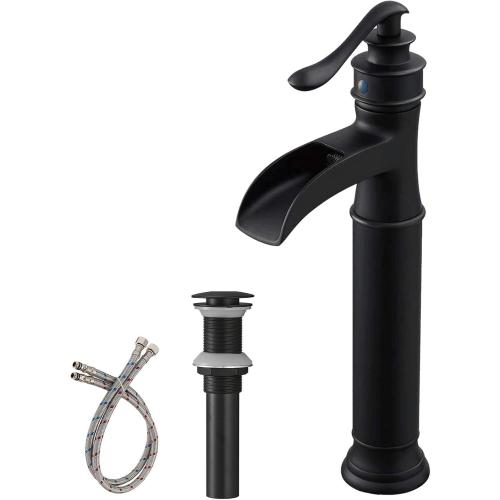 Color Black Vessel Sink Faucet Waterfall Matte Black with Pop Up Drain Without Overflow and Supply Lines, Black Sink Faucet Bathroom One Handle Faucets Vanity Bath Mixer Tap
