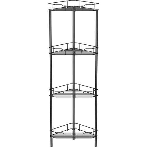 4 Tier Floor Standing Corner Shower Caddy Organizer Shelf with Hooks, Bathroom Shelves Stand Rack, Black