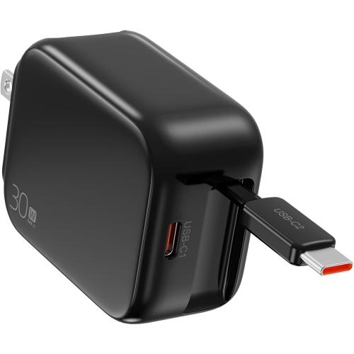 2-in-1 Retractable Wall Charger Plug with USB C Port and 27in/70cm Type C Cable,Travel Essentials 30W Fast Charging Foldable Block for iPhone 16/15/,iPad,Galaxy,Pixel-Black