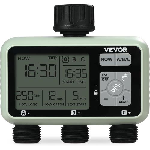VEVOR Water Timer, 3 Outlets, Hose Watering Sprinkler Timer, with 3 Independent Watering Zone LCD Display Rain Delay Mode Manual Mode 360° Brass Inlet Metal Filter, IPX6 Waterproof for Yard Watering