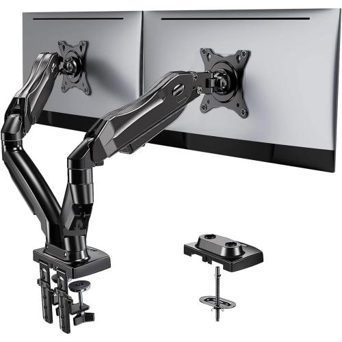 HUANUO Dual Monitor Stand - Full Adjustable Monitor Desk Mount Swivel Vesa Bracket with C Clamp, Grommet Mounting Base for 13 to 32 Inch Computer Screens - Each Arm Holds 4.4 to 19.8lbs