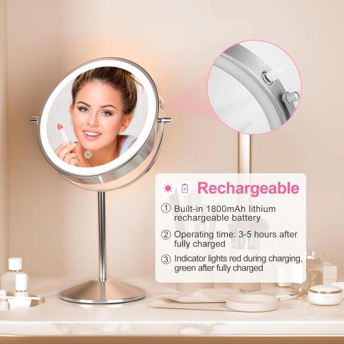 LOVESPEJO Makeup Mirror, 8 Rechargeable Magnifying Mirror with Light, 1x/10x 360°Rotation Touchscreen Lighted Makeup Mirror, 3 Colors Brightness Adjustable Vanity Mirror，Brushed Nickel