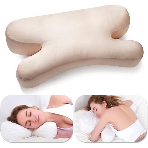 Side Sleeper Pillow Anti Wrinkle Aging Pillow Gel Shredded Memory Foam for Neck Pain Relief Pillow for Sleeping Side Back Stomach Sleeper Pillows (Regular White Style Beige Nude Silk Pillowcase)