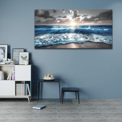 60x30 hyidecorart Large Wall Art For Living Room Modern Wall Decor For Office Blue Beach Painting Sea Waves Sunshine Wall Pictures Bedroom Home Decoration Prints Posters Mural Artwork Ready To Hang 60x30