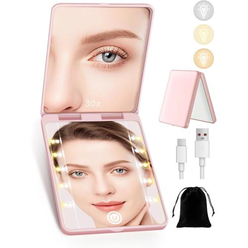 Compact Mirror, Rechargeable Magnifying Makeup Mirror with Light 30X Pink