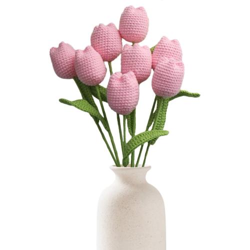 Emivery Crochet Flower Bouquet, 7pcs Knitted Artificial Tulip Flowers Bouquet Pink Handmade Crocheted Finished Fake Flower Tulip for Valentine's Mother's Teacher's Day Gift