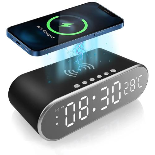 alarm clocks for bedrooms with phone charger，Small digital desktop clock with temperature display，Alarm clock with wireless charging station，Cute alarm clock with iPhone charging dock(White) (black)