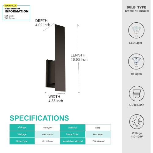 Edwarmlux Indoor Wall Sconces, Modern Wall Lights, Up and Down Wall Mount Light, Dimmable Hardwired Wall Light for Bedroom, Living Room, Hallway, GU10 Bulbs Excluded, 2 Pack (Matt Black)