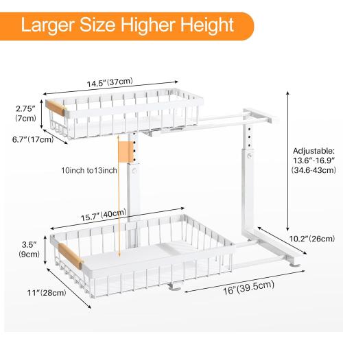 PXRACK 2 Pack Under Sink Organizer,Adjustable Height,2 Tier Pull Out Under Cabinet Organizer,Slide Out Thickened Metal Under Sink Storage for Kitchen Bathroom Laundry Cabinet Pantry,White
