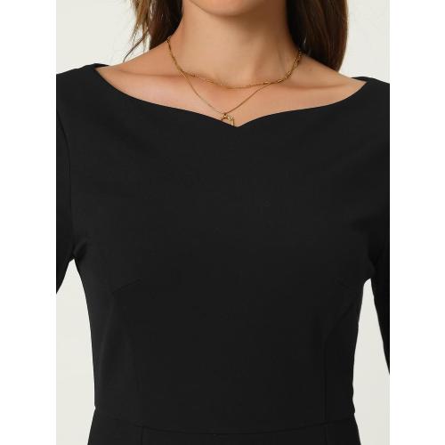 Size S...Women's 3/4 Sleeve Pencil Dress Boat Neck Elegant Wear to Work Midi Sheath Dresses