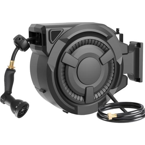 wikiwiki Retractable Garden Hose Reel 1/2 in x 100 ft, Heavy Duty Wall Mounted Hose Reel with 10- Function Sprayer Nozzle, Automatic Slow Return System/180°Swivel Bracket/UV Resistant (Black)