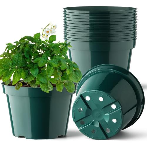 8 Inch Plastic Plant Pots, 15 Pack Sturdy Nursery Pots with Drainage Holes, Flower Planter Pots for Indoor Outdoor, Garden Containers Sets for Vegetable Herbs Flowers, Green