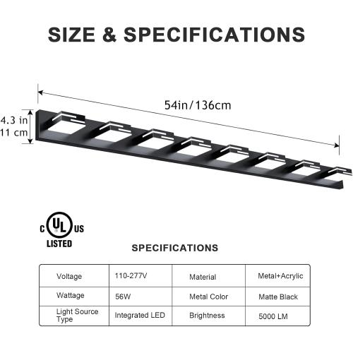 LED Modern Bathroom Vanity Light Fixtures, Dimmable Matte Black Vanity Lights for Bathroom Lighting Fixtures Over Mirror, with 360° Rotatable Acrylic Heads 8-Light 54-inch (Cool White 6000K)
