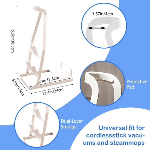 No-Drill Vacuum Cleaner Stand, Sturdy Metal Storage Rack with Large Base, Accessory Docking Station Holder, Compatible with Most Cordless Stick Vacuums, Home Organizer (White)