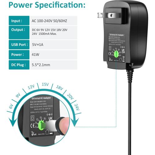 6V 9V 12V 15V 18V 20V 24V 1.5A 41W Universal AC Adapter with 8 Round Tips and USB Port Switching DC Power Supply Cord Charger for LED Strip Light Speaker DVD Player CCTV Camera Webcam