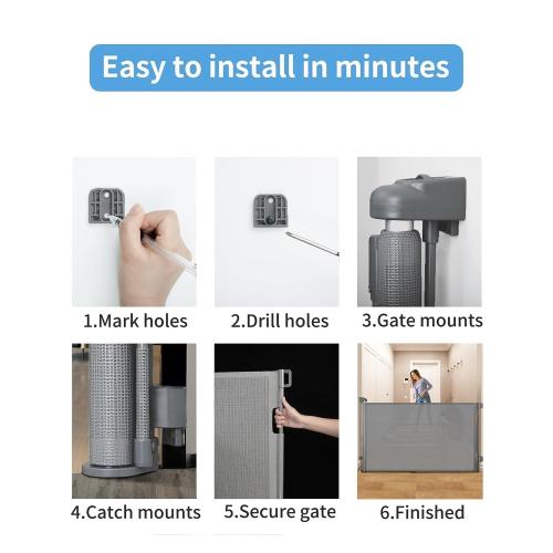 Retractable Baby Gate for Doorways and Stairs, Mesh Safety Gate for Pet, Indoor & Outdoor Use, One-Hand Operation, Easy Installation, 33.6 Tall, Expands to 55 Wide（Grey,33.6x55