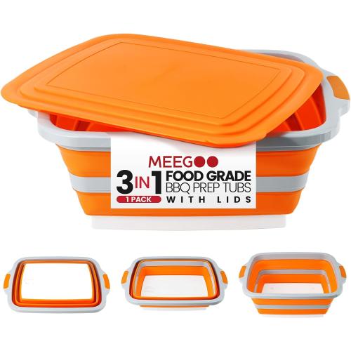 BBQ Prep Tub 3-IN-1 Large 30L Collapsible Cutting Board with Lid for Grill Meal Prep Marinating Food, Camping Sink with Colander, Dish Basin, Storage Blanket for Camping Picnic BBQ Grilling, Orange
