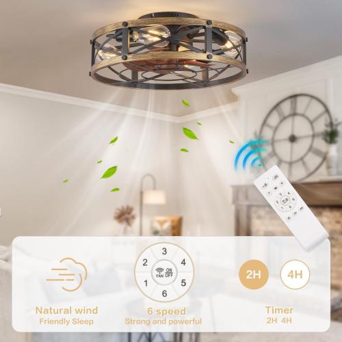 Color Brown and Black Caged Ceiling Fan with Light, Modern Fandelier Flush Mount Ceiling Fans with Lights and Remote, Farmhouse Low Profile Bladeless Ceiling Fans with Lights for Bedroom, Living Room