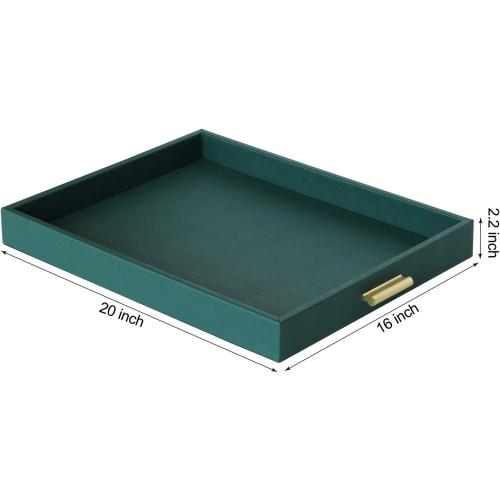 HofferRuffer Extra Large Serving Tray with Handles, Elegant Faux Leather Storage Decorative Tray for Coffee Table, Ottoman, Console Table (Green Tray Golden Handle)